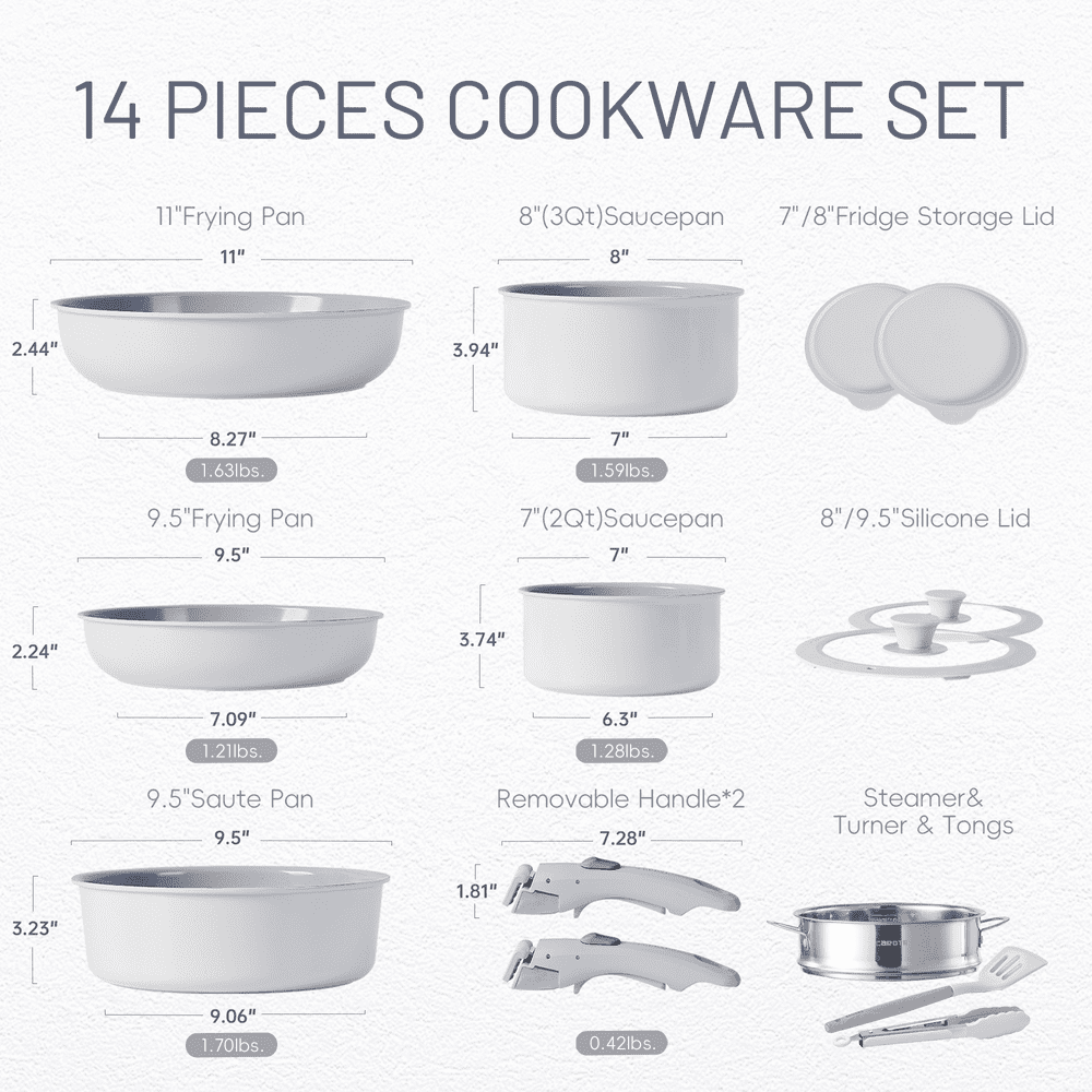 14Pc Grey, Ceramic Cookware Set with Removable Handle, Non Stick RV Set, Oven, Grey